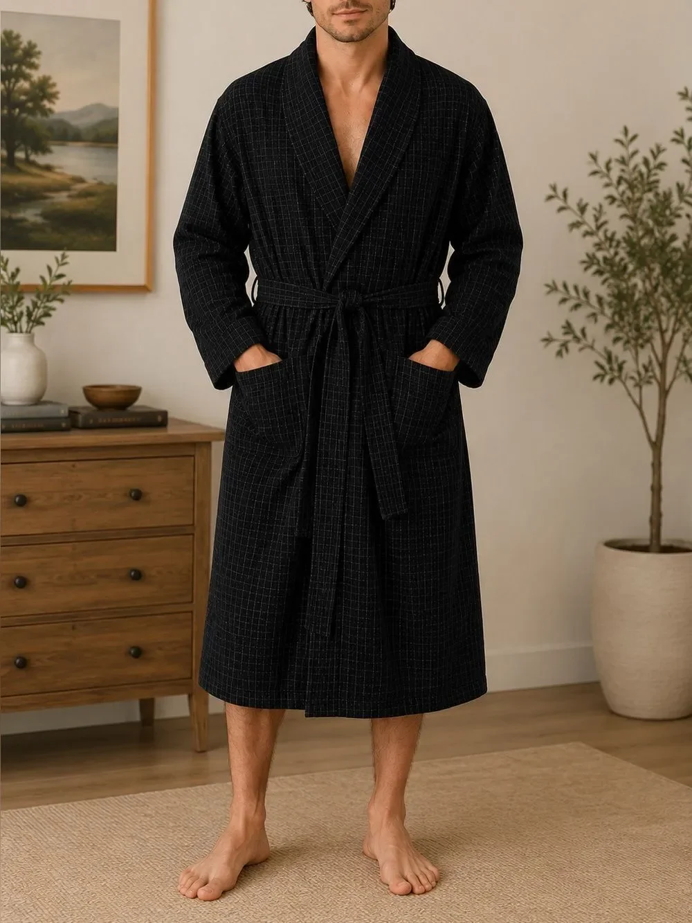Polo Ralph Lauren Cotton Robe Black Windowpane Plaid Belted Size S/M